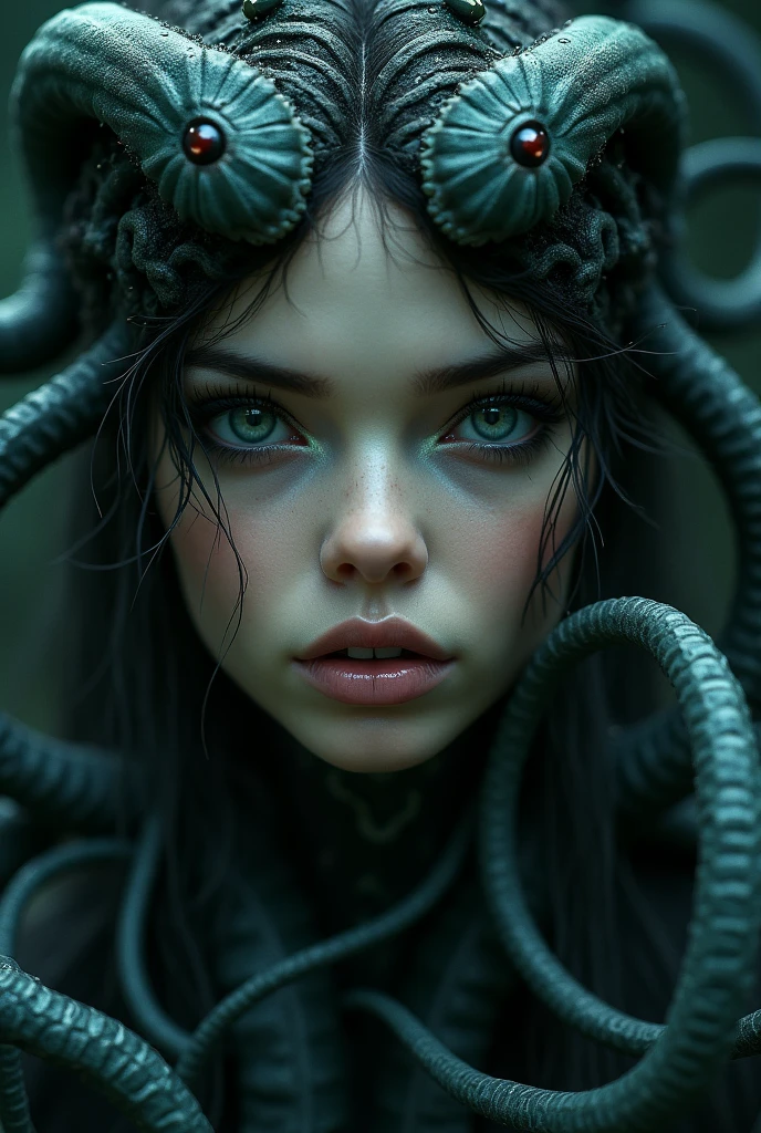 a dark twisted eldritch cthulhu girl, beautiful detailed eyes, beautiful detailed lips, extremely detailed and intricate face, long eyelashes, tentacles, dark fantasy, dark sci-fi, horror, moody dramatic lighting, chiaroscuro, dark muted colors, cinematic, (best quality,8k,highres,masterpiece:1.2),ultra-detailed,(realistic,photorealistic,photo-realistic:1.37)