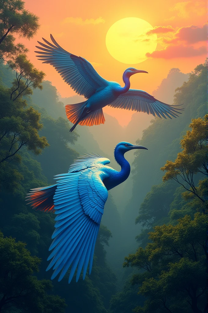 Make me a picture where you can see aqua blue birds flying over a forest with an orange sunset, May the birds be big and shine