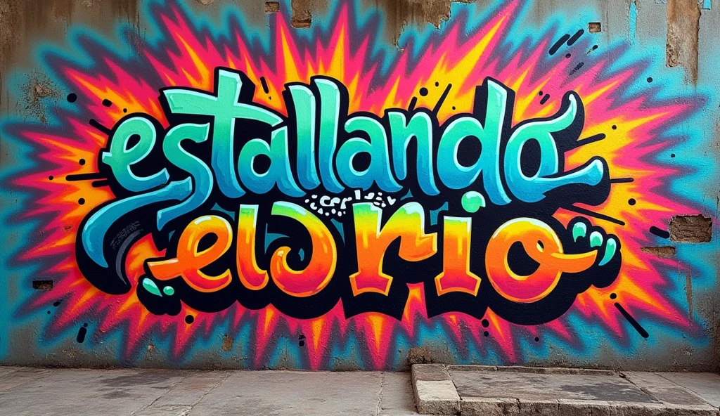 a colorful graffiti wall, detailed graffiti art, multicolored graffiti, urban graffiti, detailed graffiti text "ESTALLANDO SOBRE EL RIO", gritty graffiti, vibrant graffiti, street art, urban environment, highly detailed graffiti, photorealistic graffiti, (best quality,8k,highres,masterpiece:1.2),ultra-detailed,(realistic,photorealistic,photo-realistic:1.37),intricate graffiti, vivid colors, dynamic composition, urban decay, grungy textures
