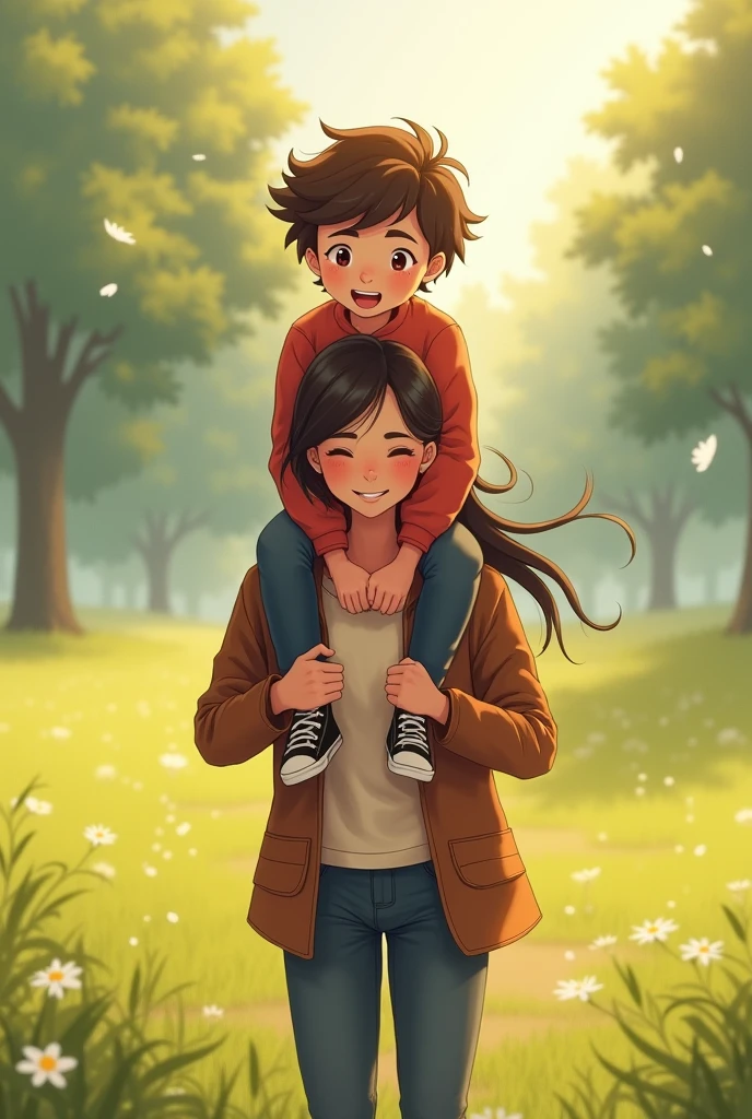 A boy on his girlfriend&#39;s shoulders 






