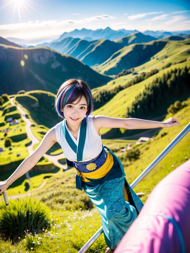 Create an extremely realistic, photo-like image, capturing the full body of a Japanese girl. She has a short haircut with an ultra-bright hair color, which stands out distinctly. Her face is small, with large, double-lidded eyes, adding to her unique appearance. She has a slender build. She is wearing a traditional kimono, which is slightly open around the chest area, subtly revealing her modest figure. The girl is depicted riding a broom, soaring through the sky. The image captures a magnificent view from above, showcasing the breathtaking landscape below. The focus should be on the vivid contrast between her bright hair, her detailed facial features, and the dynamic scene of her flying on the broom, with the spectacular scenery in the background.