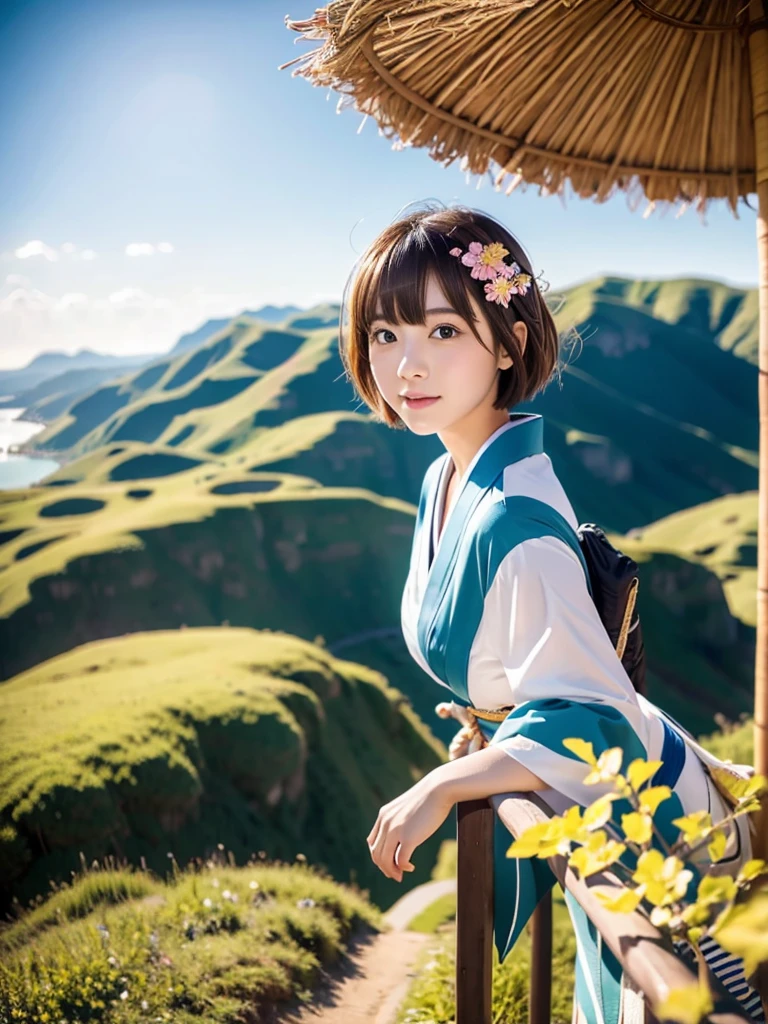 Create an extremely realistic, photo-like image, capturing the full body of a Japanese girl. She has a short haircut with an ultra-bright hair color, which stands out distinctly. Her face is small, with large, double-lidded eyes, adding to her unique appearance. She has a slender build. She is wearing a traditional kimono, which is slightly open around the chest area, subtly revealing her modest figure. The girl is depicted riding a broom, soaring through the sky. The image captures a magnificent view from above, showcasing the breathtaking landscape below. The focus should be on the vivid contrast between her bright hair, her detailed facial features, and the dynamic scene of her flying on the broom, with the spectacular scenery in the background.