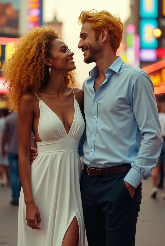 Create a couple the woman will be dark color the hair will be curly yellow color with a white dress the man will be with yellow hair the shirt will be light blue the pants will be black they are in Las Vegas