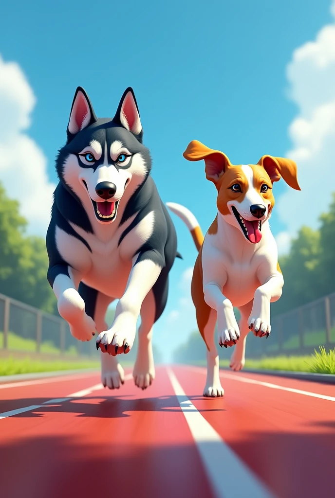 Image for a running club logo with an adult Siberian husky and an adult short-legged tricolor long-eared basset hound running towards the finish line as if they were in a race, that the animation is realistic and detailed