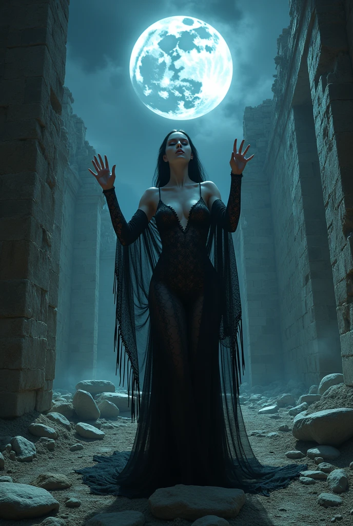 A dark priestess casting a spell in the ruins of an abandoned temple, White skin, blue eyes, long black hair, Whole body, perfect body, black transparent lace clothing, naked voluminous breasts, the moon in the background {{{masterpiece}}}, {{{best quality}}}, {{ultra-detailed}}, {cinematic lighting}, {illustration},