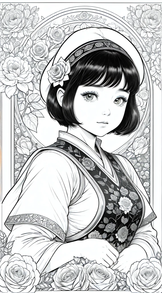 As a coloring book, white and black color, borders should be simple, clear, distinct, and thick lines, By Cartoon picture book of a beautiful Asian girl with short brown hair, A girl looking at camera, (field of roses), (Closeup), retrato, nuvem, arte de linha