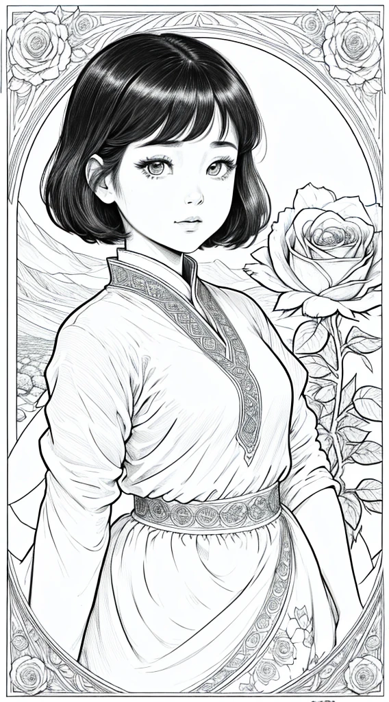 As a coloring book, white and black color, borders should be simple, clear, distinct, and thick lines, By Cartoon picture book of a beautiful Asian girl with short brown hair, A girl looking at camera, (field of roses), (Closeup), retrato, nuvem, arte de linha