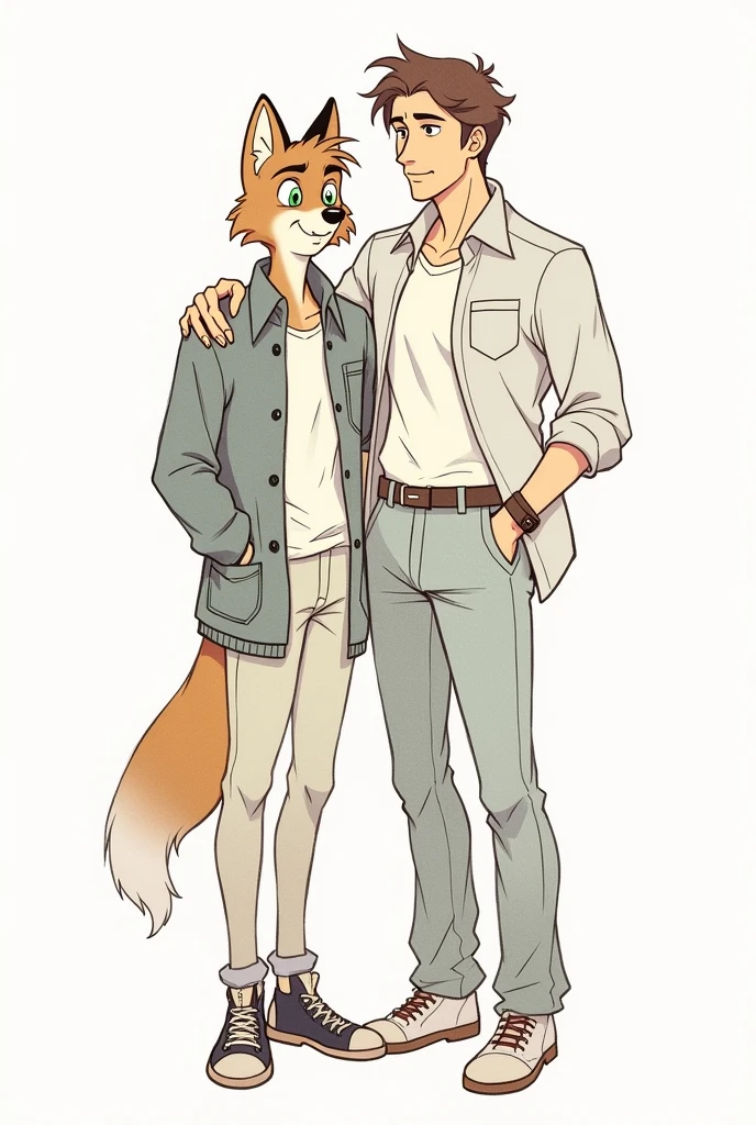 Help generate an image of what Tod and Copper from Fox and the Hound would look like as humans. Make them look human in style. Humans. realistic. Handsome. Anime style. Drawing. Sketch. Two men. Tod and Copper as humans in anime. White background. Fox and the Hound. Draw them as sketches from a notebook, anime.