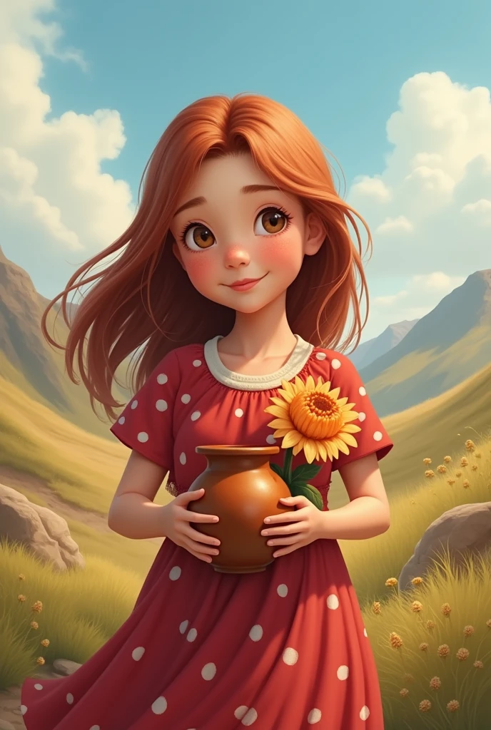 create Realistic image of a benign girl, red dress with white polka dots,  appearance, clay pot and flower in hand, northeastern backlands.