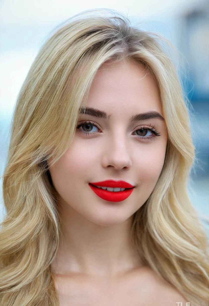 generates a professional 8k UHD photograph of the face of a 2 girl, she is beautiful and blonde, with depth of field, which shows the volume and 3D style in the photograph, she is in front of the camera a smiling, she has intense passion red lipstick, she has a challenging and at the same time very beautiful look, charming face, perfect lighting, a masterpiece, luxury shot, that seems real and artistic.