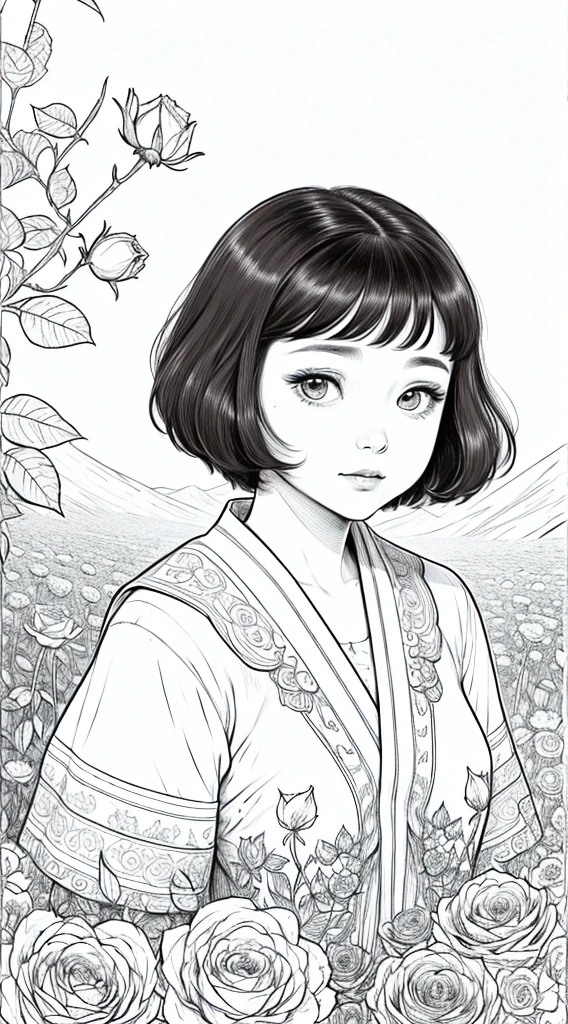 As a coloring book, white and black color, borders should be simple, clear, distinct, and thick lines, By Cartoon picture book of a beautiful Asian girl with short brown hair, A girl looking at camera, (field of roses), (Closeup), retrato, nuvem, arte de linha