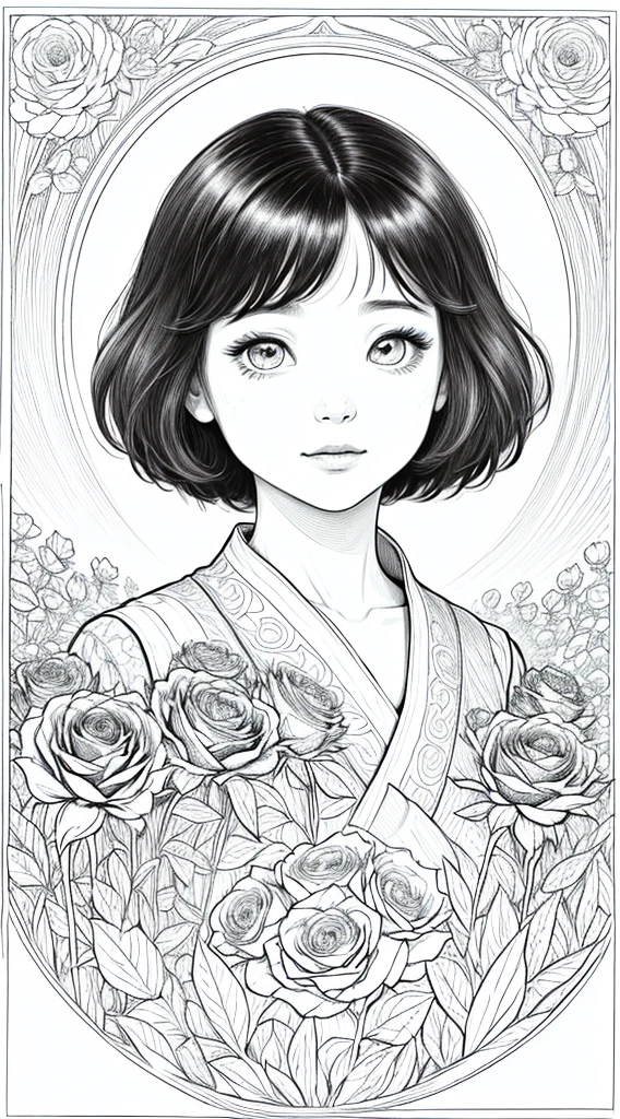 As a coloring book, white and black color, borders should be simple, clear, distinct, and thick lines, By Cartoon picture book of a beautiful Asian girl with short brown hair, A girl looking at camera, (field of roses), (Closeup), retrato, nuvem, arte de linha