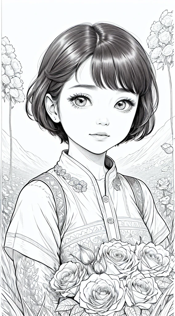 As a coloring book, white and black color, borders should be simple, clear, distinct, and thick lines, By Cartoon picture book of a beautiful Asian girl with short brown hair, A girl looking at camera, (field of roses), (Closeup), retrato, nuvem, arte de linha