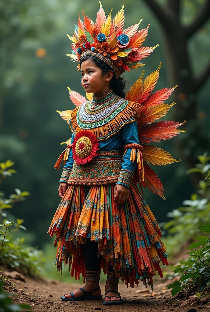 Create an image of a typical costume from the Casanare department of Colombia with recycled material. Use paper, plastic