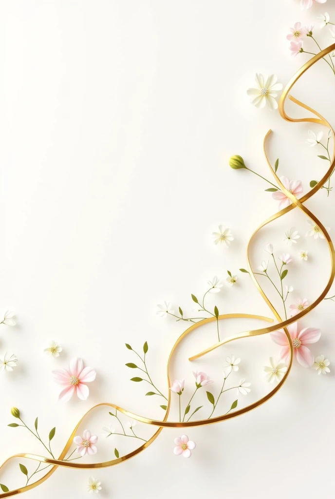make me on a white background, a 3D animated illustration, from a line of golden quotes, that the strips are thin, intertwined with each other, and in the form of curves and with some small details, of small white flowers, green and pink