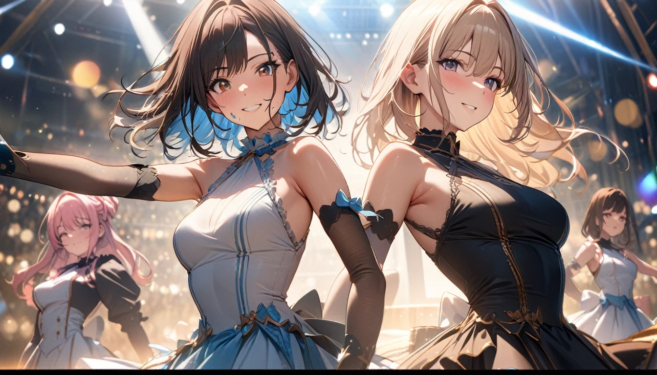 best picture quality, 8K, high quality, masterpiece:1.2), ((masterpiece)), (high detail, high quality, best picture quality), bokeh, DOF, Portrait, open stance, (matured ladys), (cute illustration:1.2), (Delicate facial depiction:1.5), perfect anatomy, perfectly balanced anatomy, stage, (multiple girls with various hair color and style:1.2), 3girls, daylight, beautiful light, professional lighting, (small size breast), (sleeveless gorgeous idol dress wi lots of frills, detached sleeve,), (idolmaster), cute round face girl, dynamic posing, exciting mood, smiling, dynamic angle, (armpits:1.2), white pantyhose, smiling
