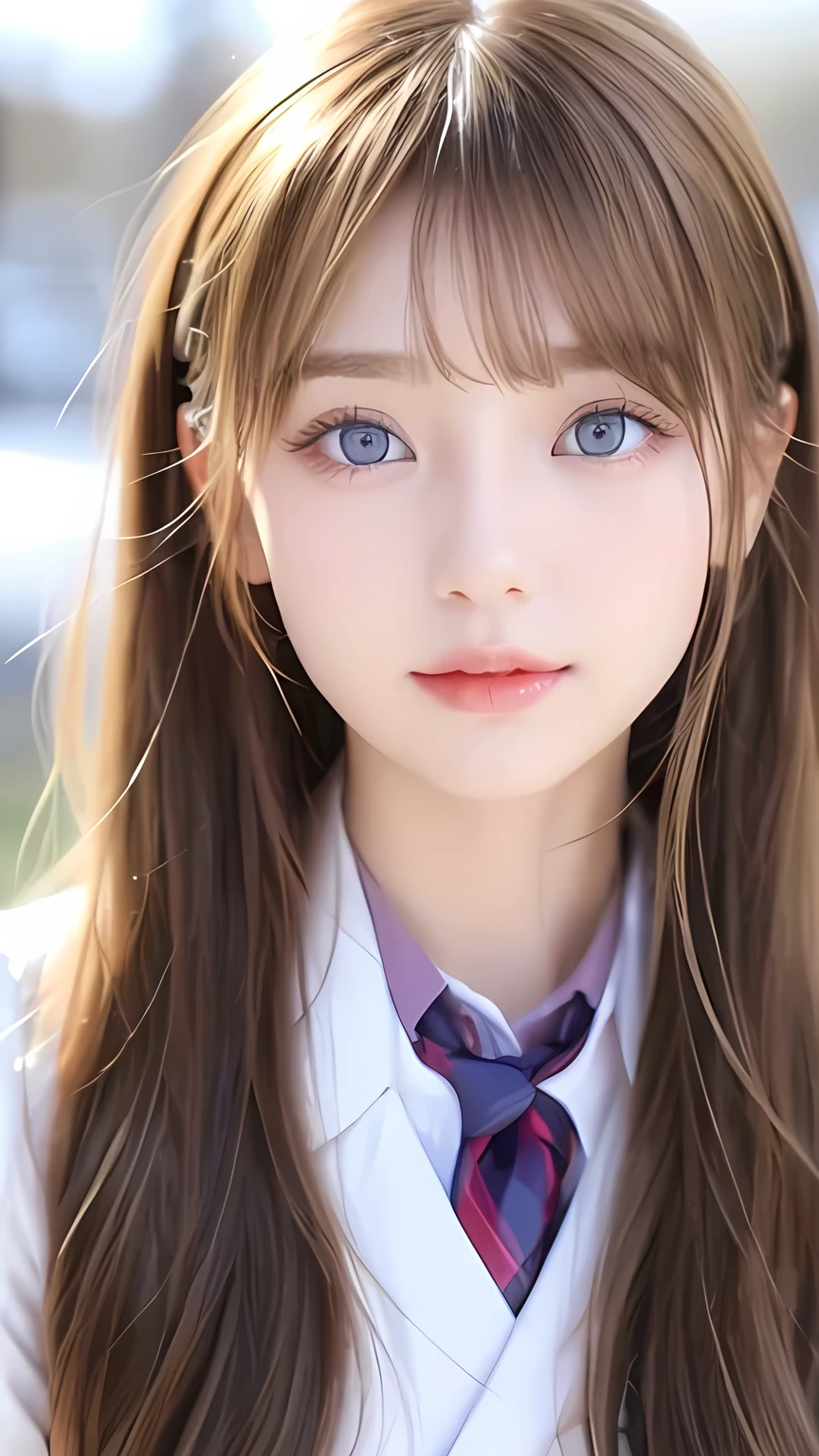 A very beautiful Nordic girl、Super long silky shiny metallic butter blonde hair、Cute beautiful girl with sexy messy bangs、Hair above the eyes、片Hair above the eyes、Hair between the eyes、uniform、Super long beautiful blonde hair、Beautiful bangs between the eyes、Very beautiful cute face、Cute beautiful gentle expression、high school girl、Big, pale, very bright sky blue eyes that shine beautifully、Small Face Beauty、Round face、Snow-white glossy skin、