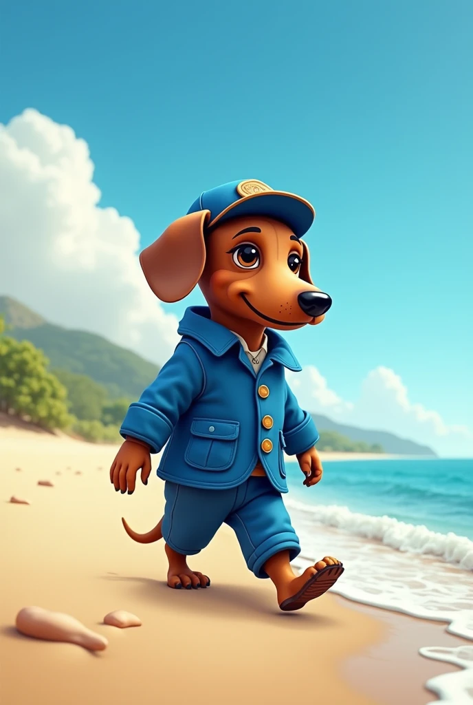 black dachshund dressed in blue clothes walking on the beach