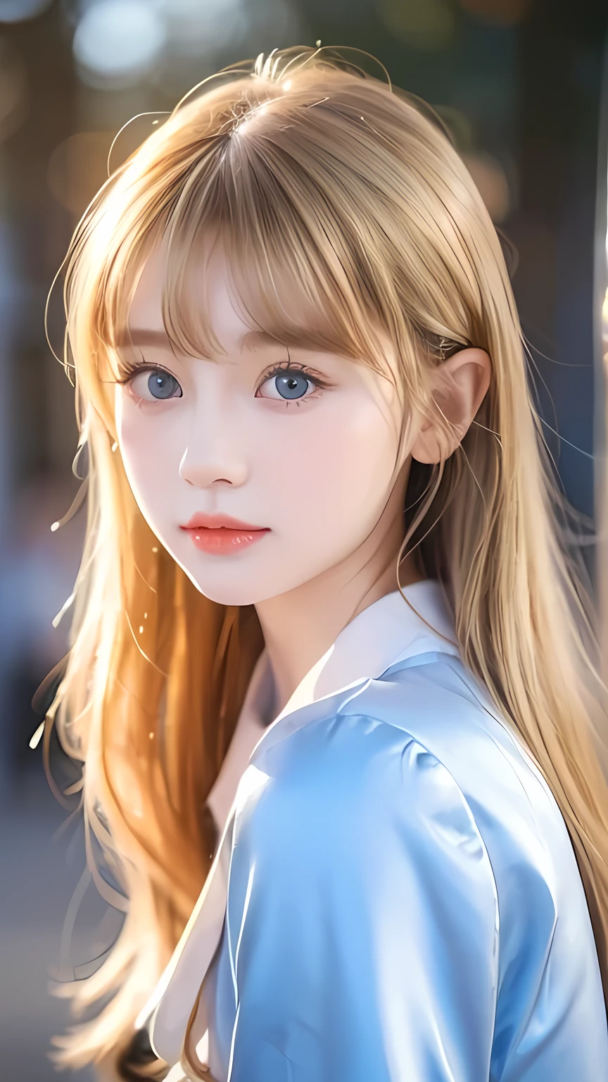 A very beautiful Nordic girl、Super long silky shiny metallic butter blonde hair、Cute beautiful girl with sexy messy bangs、Hair above the eyes、片Hair above the eyes、Hair between the eyes、uniform、Super long beautiful blonde hair、Beautiful bangs between the eyes、Very beautiful cute face、Cute beautiful gentle expression、high school girl、Big, pale, very bright sky blue eyes that shine beautifully、Small Face Beauty、Round face、Snow-white glossy skin、