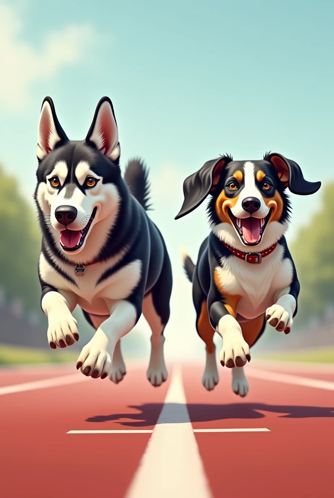 Image for a running club logo with an adult Siberian husky and an adult short-legged tricolor long-eared basset hound running towards the finish line as if they were in a race, that the animation is realistic and detailed as if it were a photo 