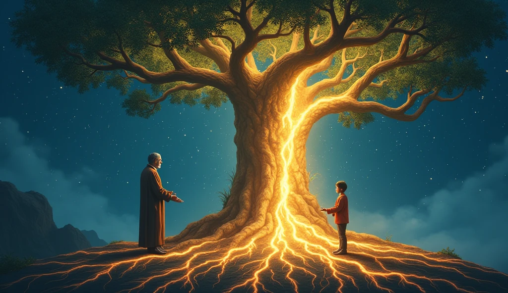 Family Tree with Luminous Roots: A stylized family tree, where the roots are illuminated and connected to a light source deep in the soil, symbolizing the strength of the father that comes from the roots and spreads throughout the tree. figure near the trunk representing the father much larger than the son and blessing this son, absorbing this energy. stars in the sky