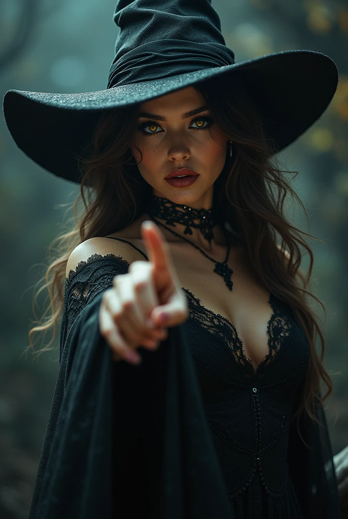 beautiful detailed eyes, beautiful detailed lips, extremely detailed eyes and face, long eyelashes, 1 female witch, elegant witch, sexy witch, witch on broomstick, witch pointing finger at viewer, golden eyes, intense seductve gaze, full body, dark fantasy, dark magic, dark witch, moody lighting, dramatic lighting, cinematic lighting, highly detailed, intricate details, fantasy art, digital painting, hyper realistic, masterpiece, 8k, photorealistic, cinematic, dramatic, mystical, magical