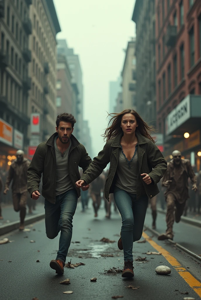 Brunette Boyfriend And His Girlfriend Are Running From Zombies On New York Street