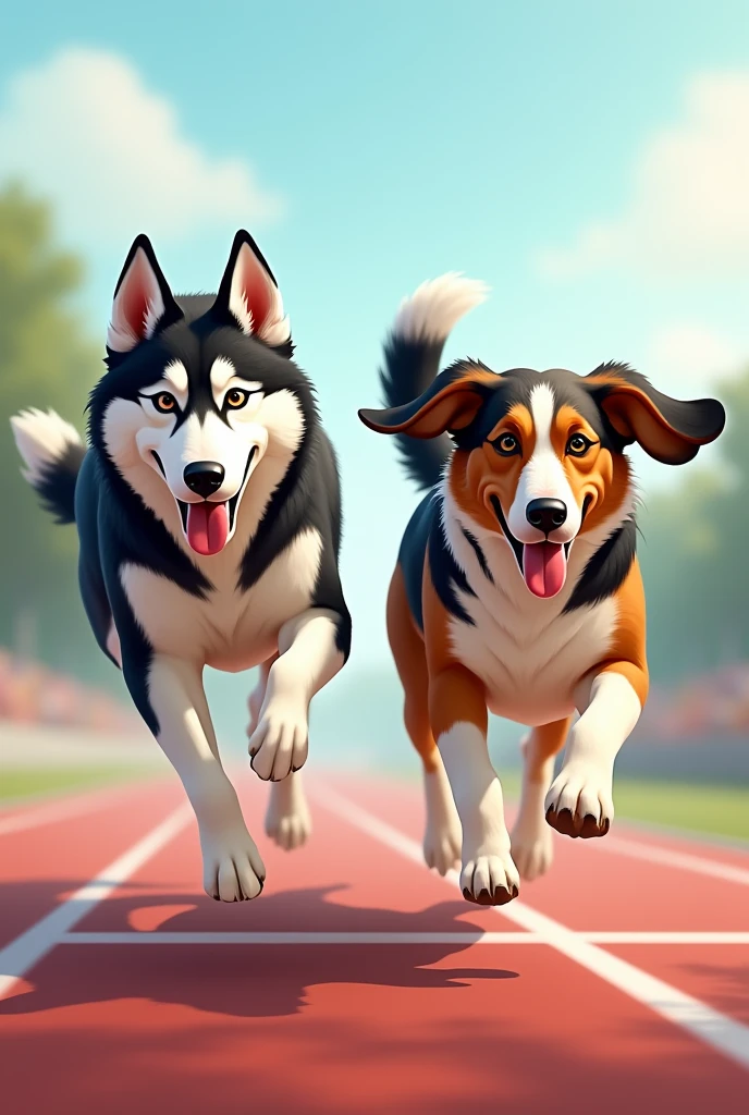 Image for a running club logo with an adult Siberian husky and an adult short-legged tricolor long-eared basset hound running towards the finish line as if they were in a race, that the animation is realistic and detailed as if it were a photo