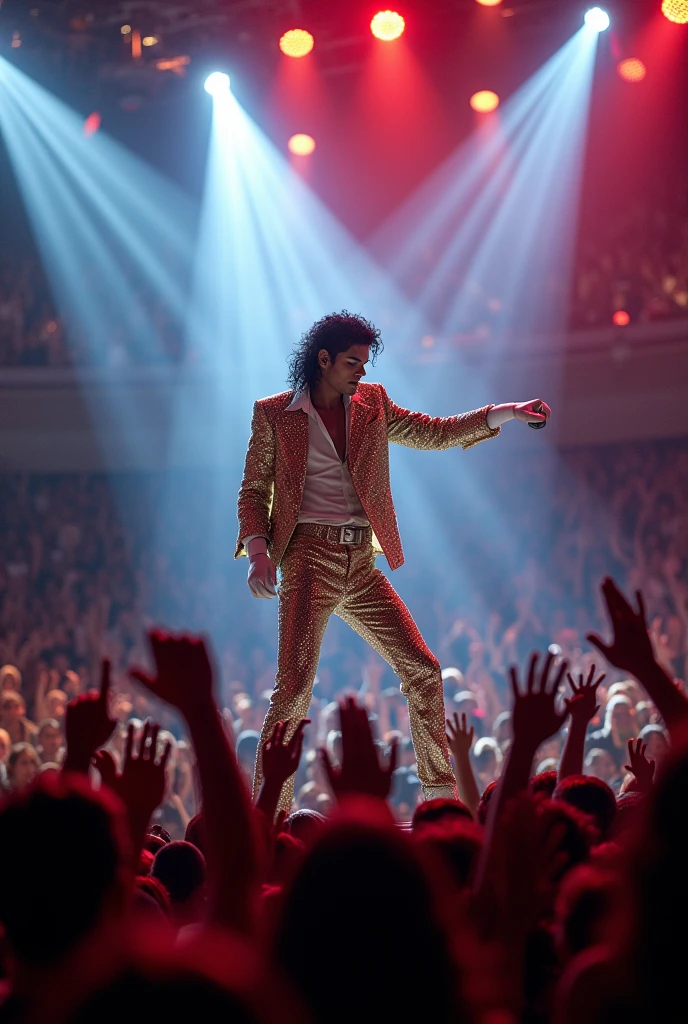 Make a picture of Michael Jackson with a microphone in front of every concert