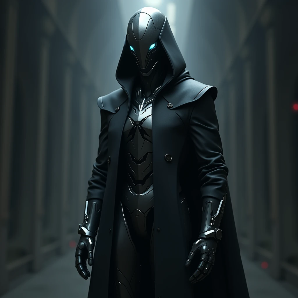 "Create an ultra-realistic image of a futuristic humanoid robot inspired by the style of the &#39;Project Zeta&#39; series. The robot must wear a dark coat, long, elegant coat with a hood that partially covers the head. Design must include metal, polished surfaces with intricate mechanical details, and bright blue eyes. The robot is standing, looking directly at the viewer with an intense, focused gaze. The background should be dark and slightly hazy., with subtle lighting that highlights the robot&#39;s features, adding a sense of mystery and depth."