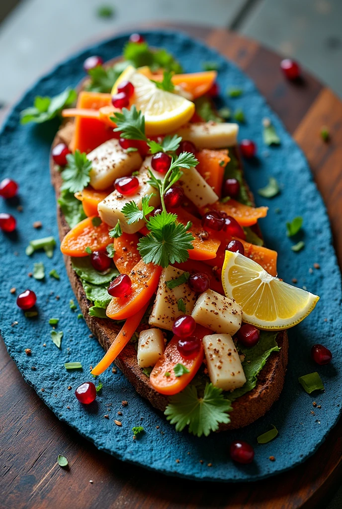 Hello, could you help me by creating an image of a blue tortilla toast that has the following ingredients on it?:
ESCAMOLES(black ant eggs ) WITH VEGETABLES MARINATED IN LEMON JUICE, CHILE CHILTEPIN, POMEGRANATE AND PIECES OF GRASS FISH.