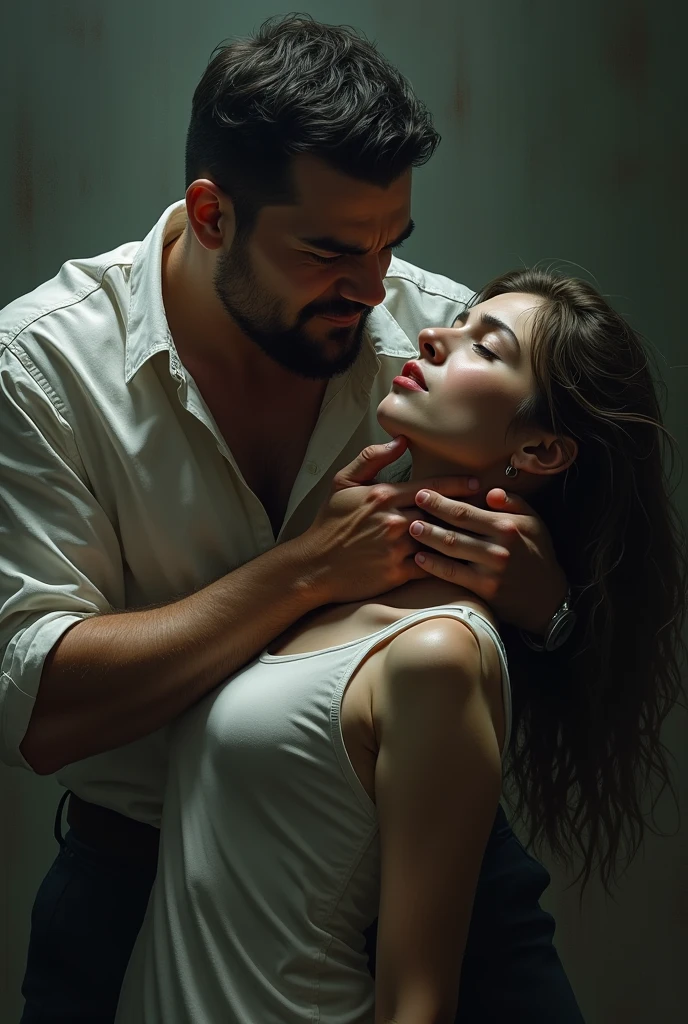 Realistic image of man reaching out his hands to grab a young woman by the neck