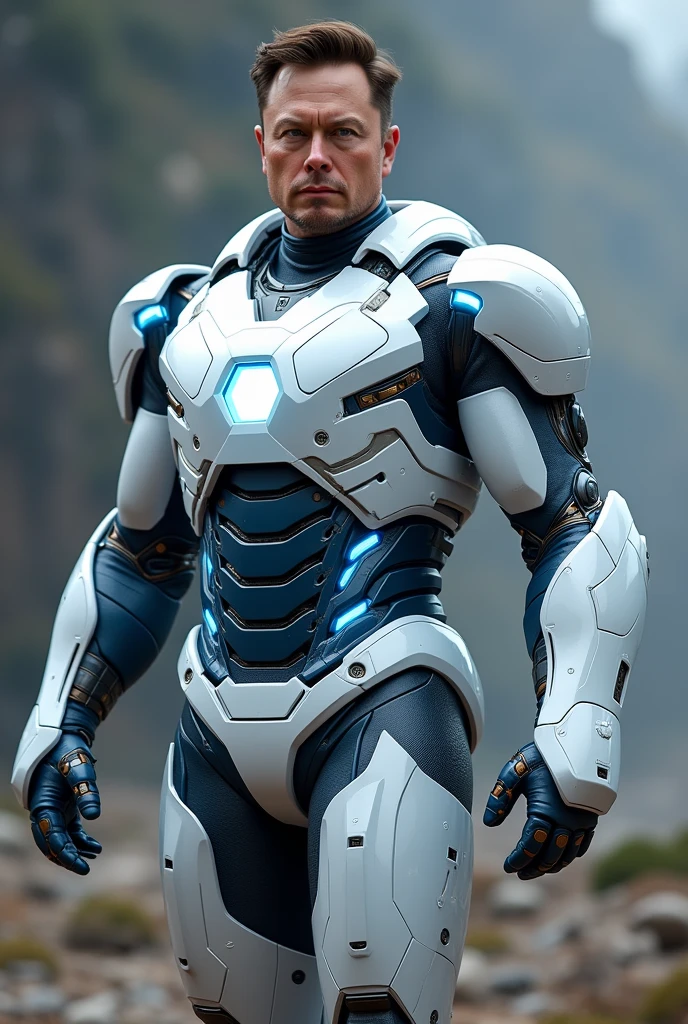 take a picture of elon musck in the superior iron man suit, white costume with blue lights, he is in a superhero pose