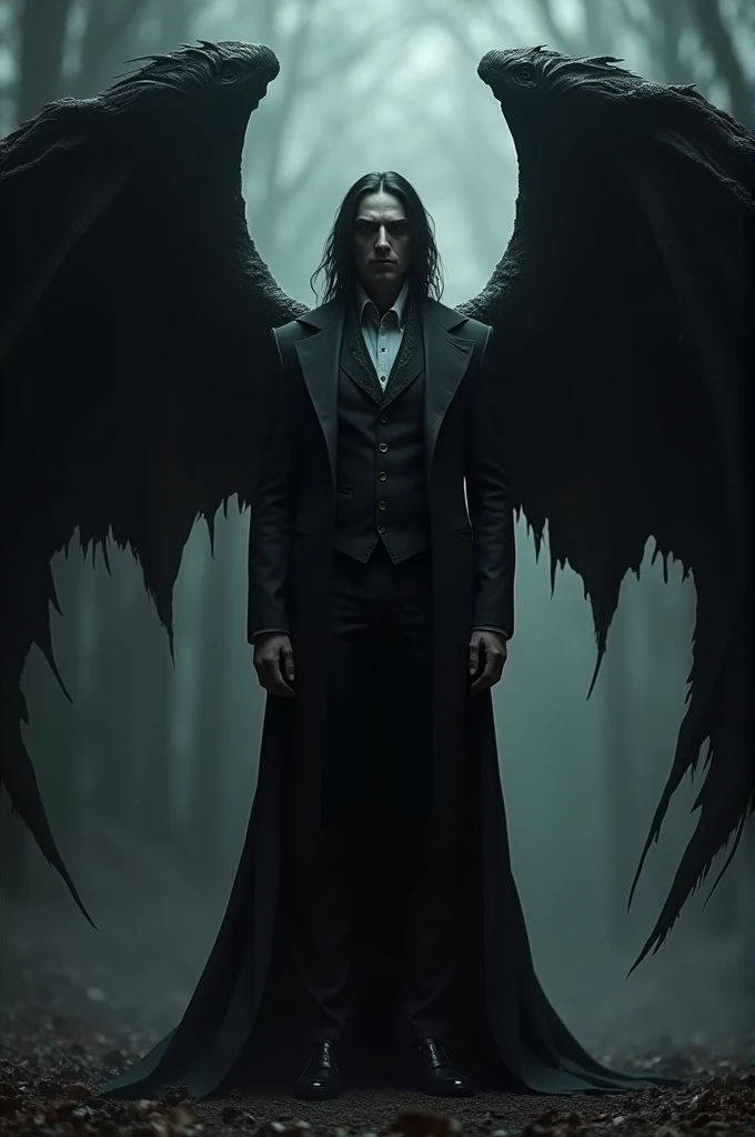 vampyre, dark haired,in a suit and with giant wings