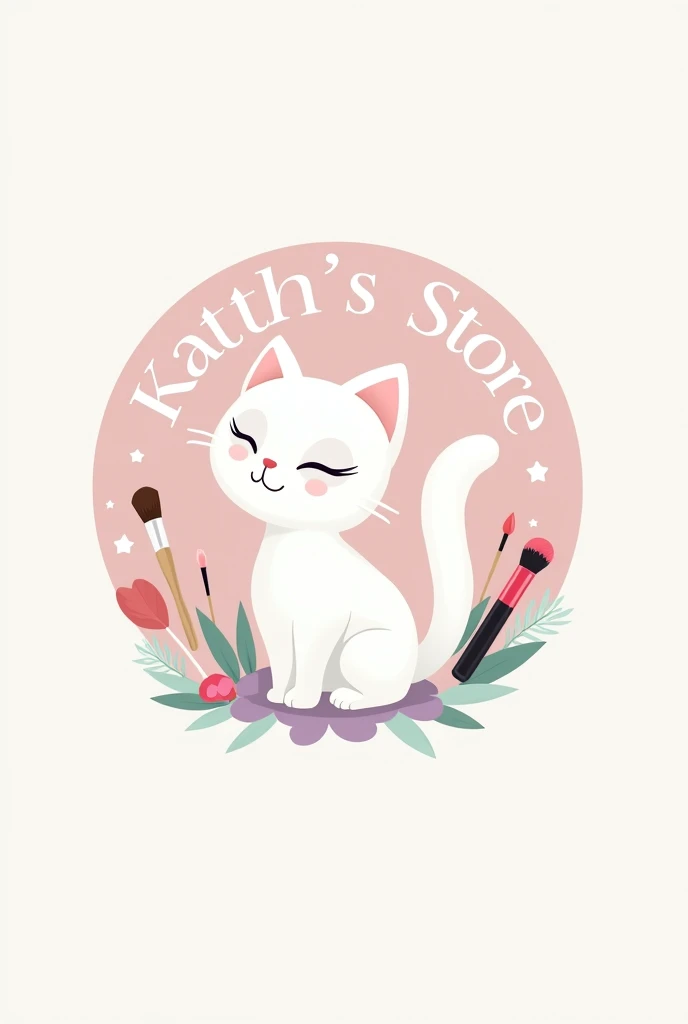 GENERATE A MAKEUP STORE LOGO WITH THE NAME KATTH'S STORE WITH PASTEL COLORS AND COSMETICS WITH A WHITE CAT