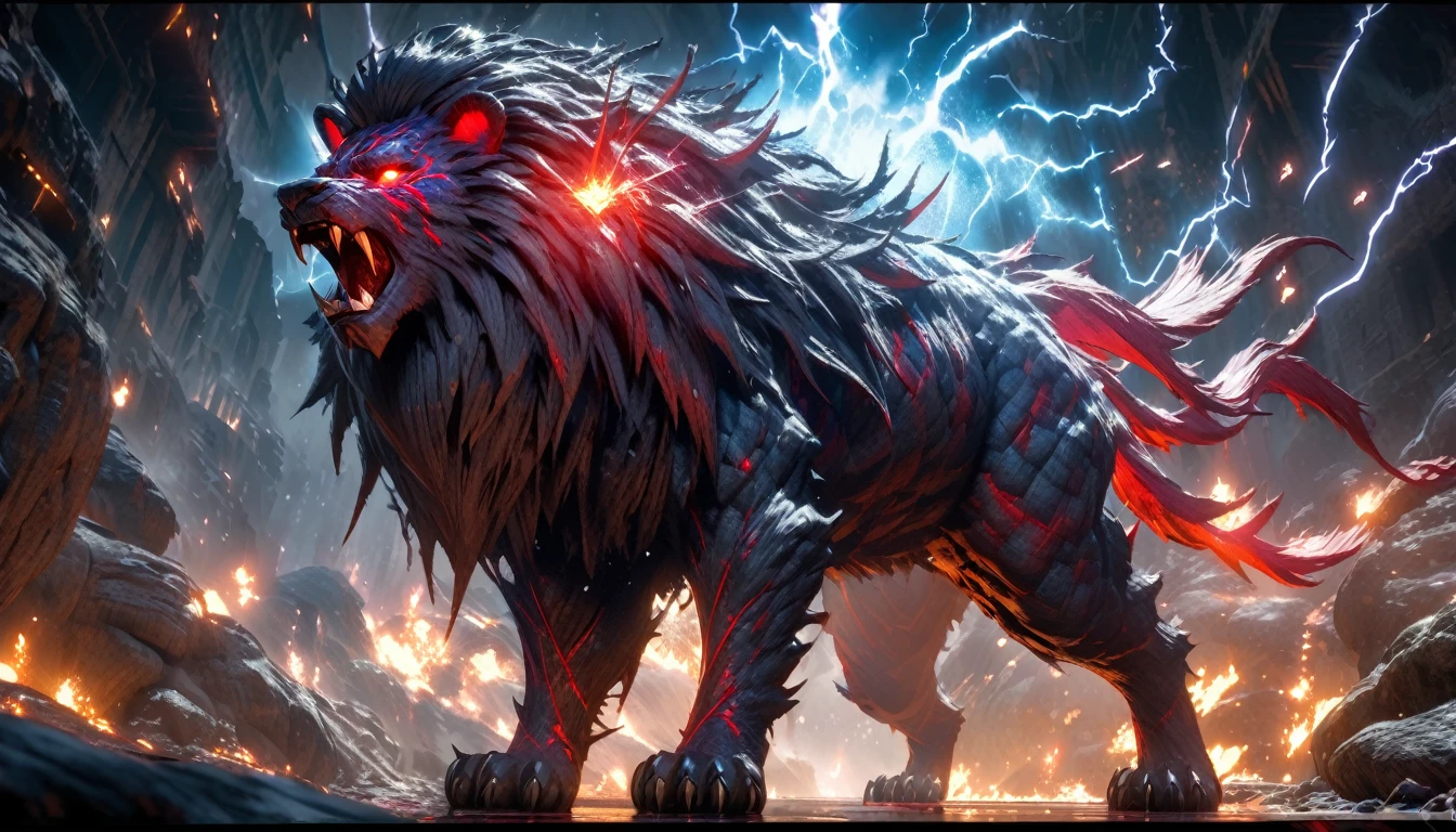 animal style, an aggressive daemon lion creature, highly detailed, detailed red and blue fur, magic beast, demonic creature, fantasy, lightnings, sparks, big glowing eyes, reflective eyes, detailed and intricated background, digital art, octane render, dramatic lighting, concept art, dramatic lighting, centered composition. masterpiece, octane render, unreal engine, surreal, , oil painting, heavy strokes, paint dripping