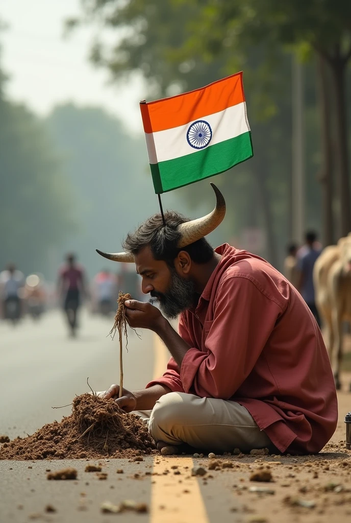 Ok, now add some people whom are sitting on the road and eating those cow shits.
A indian flag is tied on there head as well