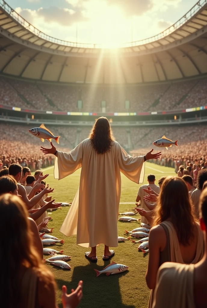 jesus giving fish in football stadium dressed in white