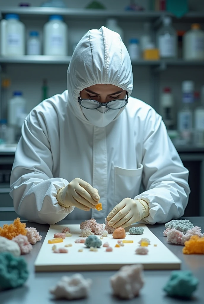 generates the image of a chemical laboratory worker in a white suit where you can see up close how he cracks minerals on a canvas, The sample preparation laboratory can be seen in the background