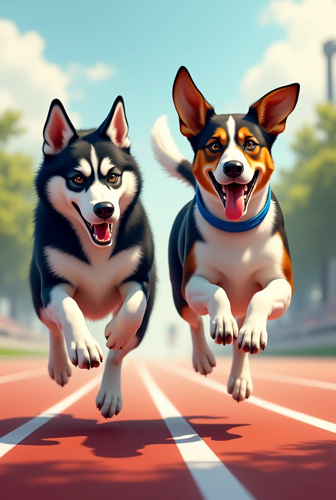 Image for a running club logo with an adult Siberian husky and an adult short-legged tricolor long-eared basset hound running towards the finish line as if they were in a race, that the animation is realistic and detailed as if it were a photo