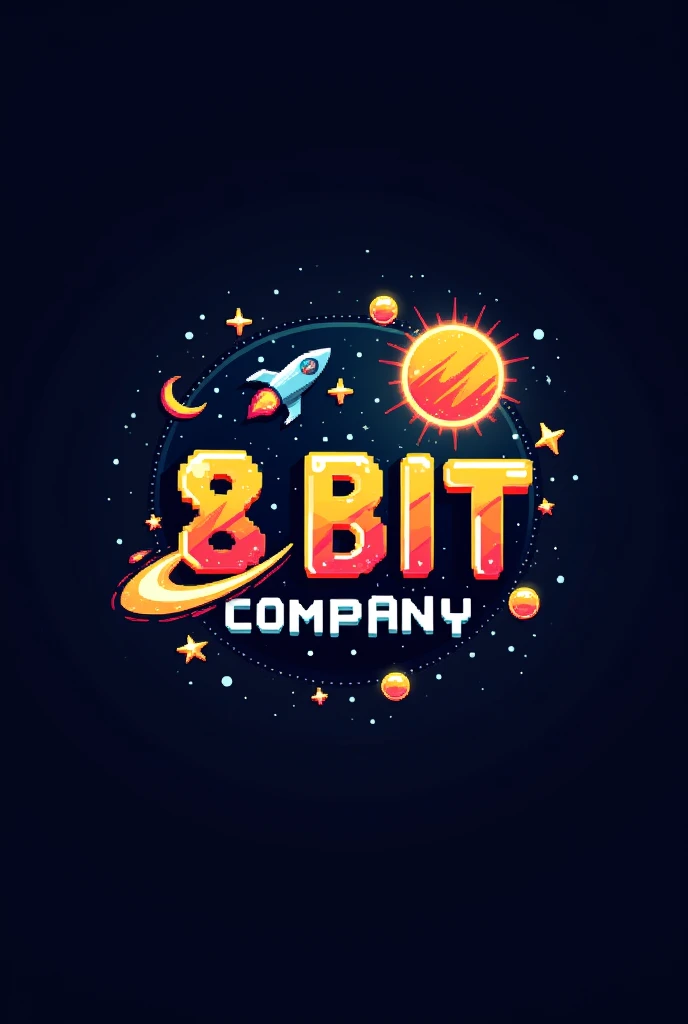task: Create a logo with text "8 Bit Company".
Style and Theme:
font style: The font must be in 8-bit style, with large pixel appearance, reminiscent of early video games. Letters should have sharp, angular edges, evoking the aesthetics of the 80s.
space theme: The logo theme should be spatial. This may include elements such as stars, planetes, rocket launcher, or spaceships. The logo should convey the feeling of being in the space.
colors: Use a color palette that is reminiscent of the space, like dark blue, blackw, purple and white for the stars. Highlight elements can be made in vibrant colors, like yellow or orange, to add contrast.
General Environment: The logo should look futuristic and retro at the same time., combining the nostalgia of 8-bit graphics with a modern, space-age feel.
detalhes extras:
if possible, Add small details, like glowing stars around the letters or a rocket trail around the text to emphasize the space theme.