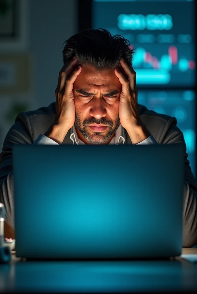 a worried latin man with his hands on his head, with a computer in front of him, Concerned about the cost of the control system for your company