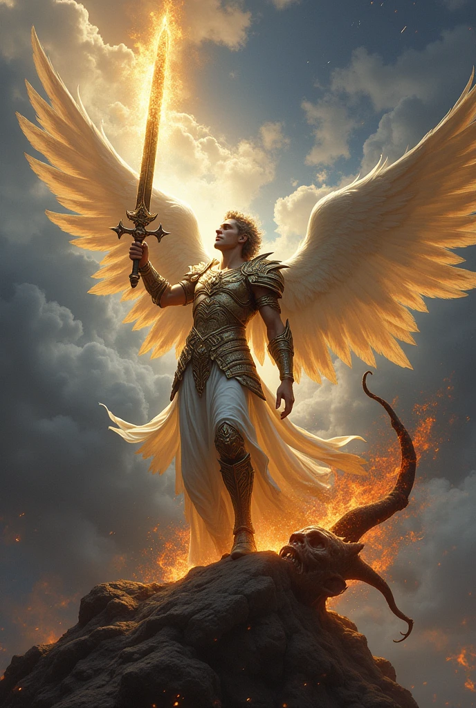 An angel raising his flaming sword ready to cut down a demon holding the earth