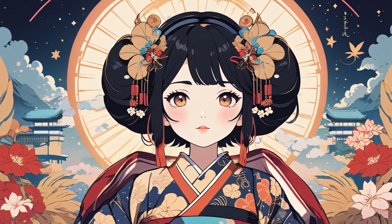 Japanese style headphones、Oiran、Wide-angle lens, Lofi Anime, Lofi illustration, Aesthetic atmosphere, Lo-Fi Style, Vector art, Flat Design, Simple shape, Warm tones, Pleasant atmosphere, Chill, In anime style, Digital drawing, Vector art, Vector logo for t-shirt printing, (Adorable:1.5), (small:1.4), (Playful:1.2), (soft:1.3), (Whimsical:1.1), masterpiece, Highest quality, 8k, Intricate details, grow, Celestial, Mysterious, Picturesque, amazing, Majestic, Magic, Fantasy art, Cover art, dream-like