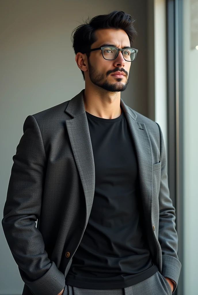 A white man with black hair, light brown eyes, wearing square glasses, slightly grown beard, wearing a black t-shirt and a gray coat
