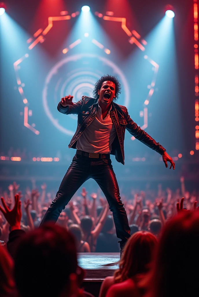 Make a picture of Michael Jackson where he sings his new album and he screams