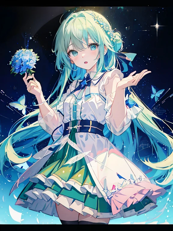 Anime girl with long hair and blue eyes holding a flower, Splash art anime , Cute anime waifu in a nice dress, In a dress, Best anime 4k konachan wallpaper, Mikudayo, Anime Art Wallpapers 8K, Anime Style 4K, anime art wallpaper 4k, anime art wallpaper 4k, Anime girl with blue-green gradient hair,masterpiece,The best quality at its best,Beautiful details to please the eye,Shining Eyes,Stars in my eyes,Sparkly anime eyes
