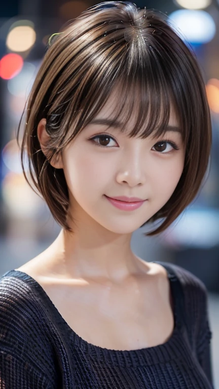 One Japanese idol, (Realistic, Highest quality), (Realistic, Photorealistic:1.4), short hair, Must-Bring, Very elegant and beautiful, Very detailed, 8k wallpaper, Amazing, Very detailed CG Unity, High resolution, Soft Light, Beautiful details, Age 23, Very detailed目と顔, Beautifully detailed nose, Beautiful attention to detail, Cinema Lighting, City lights at night, Perfect Anatomy, Narrow Face, Slender body, (smile), (Loose and fluffy hair, Asymmetrical bangs, Light brown hair), (Black sweater:1.4), sheer、blush
