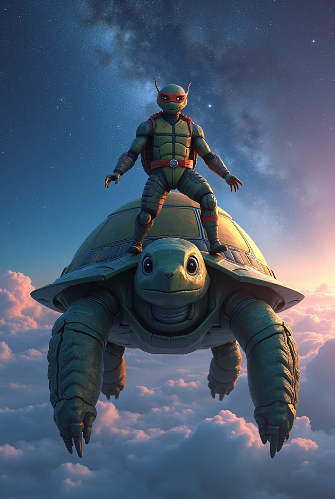 (photoanime1:2) A  anime space turtle warrior, pilot, with custom suit heroic pose in space created from the big bang that is ontop of a space spacecraft machine, which is a mechanical turtle, drifting through space with a beautiful galaxy background with the milky way and stars

