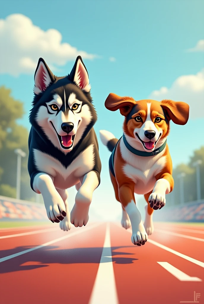 Image for a running club logo with an adult Siberian husky and an adult short-legged tricolor long-eared basset hound running towards the finish line as if they were in a race, that the animation is realistic and detailed as if it were a photo